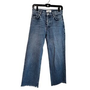 Reformation Fawcett High Rise Wide Leg Jeans Sydney Wash Blue Raw Hem Size 26